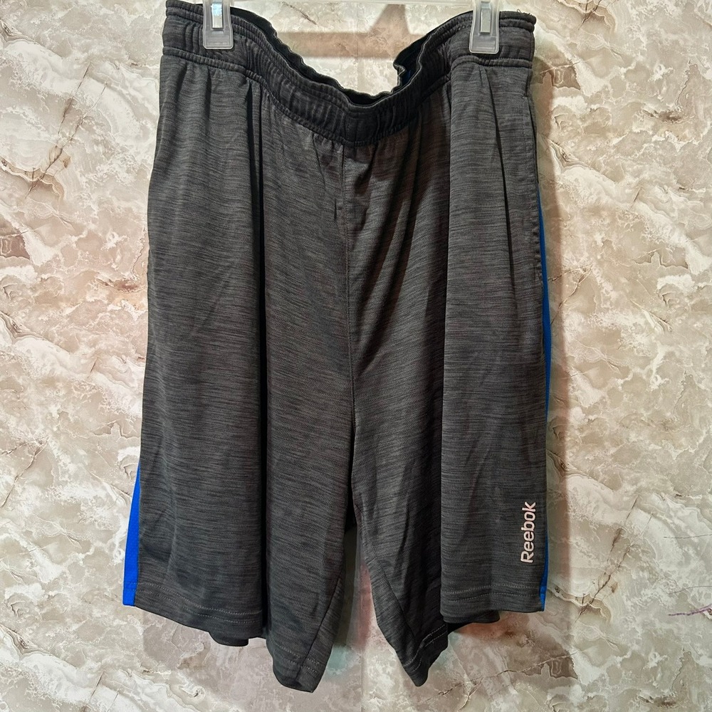Reebok Mens Athletic Shorts Gray Blue Stripe XL Elastic Waist Pockets Workout